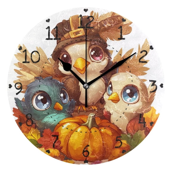 Cute Birds Leaves Maple Pumpkins Autumn Round Wall Clock Silent Analog Battery Operated Black Pointer Home Decor 9.84" Diameter