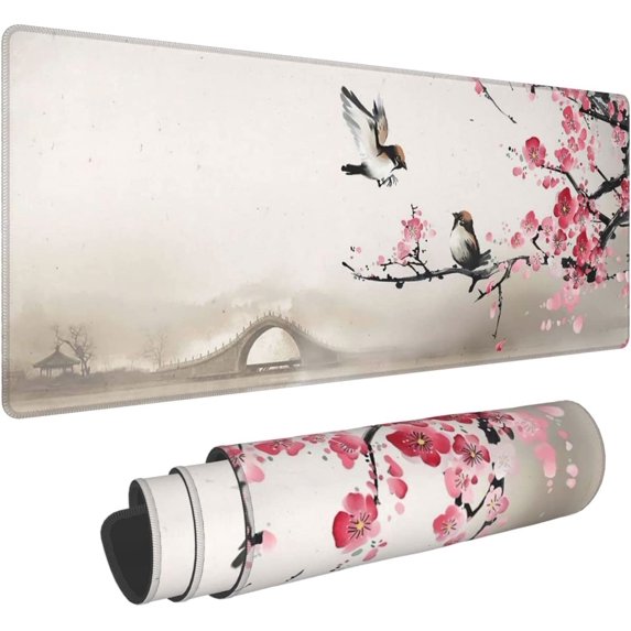 Cute Birds Sakura Extended Mouse Pad 31.5x11.8 Inch XL Cherry Blossom Flower Floral Non-Slip Rubber Base Large Gaming Mousepad Stitched Edges Waterproof Keyboard Mouse Desk Pad for Office Home