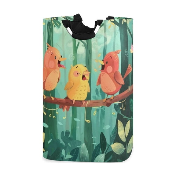 Cute Birds Singing in Trees Leaves Laundry Basket with Handles Foldable Laundry Hamper Freestanding Washing Bin 50L