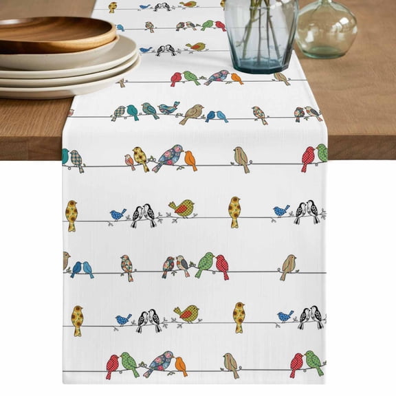 Cute Birds Table Runner, Funny Snowflake Wire Sparrow Washable Cotton Linen Table Runners 36 Inches Long, Dresser Scarf Runner for Nightstand/End Tables/Round Tables 13''x36''
