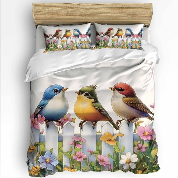 Cute Birds Twin Size Comforter Set, Floral Fence Colorful Cartoon Animal Soft Bedding for All Seasons, 4 Pcs Bed Set with 1 Comforter (68"x86") ,1Sheet(66"x116"), 2 Pillowcases (19"x29")