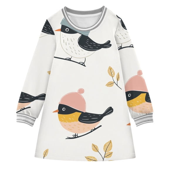 Cute Birds Wearing Hats Leaves Long-sleeved Dress A-line One-Piece Dress for 2-8 Years Casual Party 2T