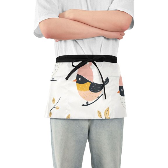 Cute Birds Wearing Hats Leaves Short Server Apron with 3 Pockets for Unisex Chef Gardening