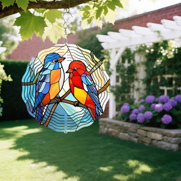 Cute Birds Wind Spinner - 3D Stained Glass Garden Decor, 360-Degree Rotating Yard Decor, Metal Wind Spinner, Gifts for Bird Lovers
