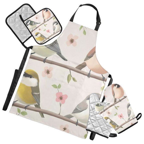 Cute Birds on Branch Oven Mitts and Pot Holders with Chef Apron Set 5 Pcs Kitchen Cooking Set