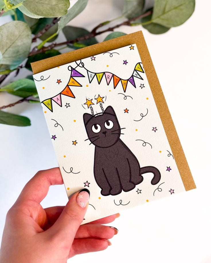 Cute Birthday Card with Black Cat and Celebration Design – "Happy ...