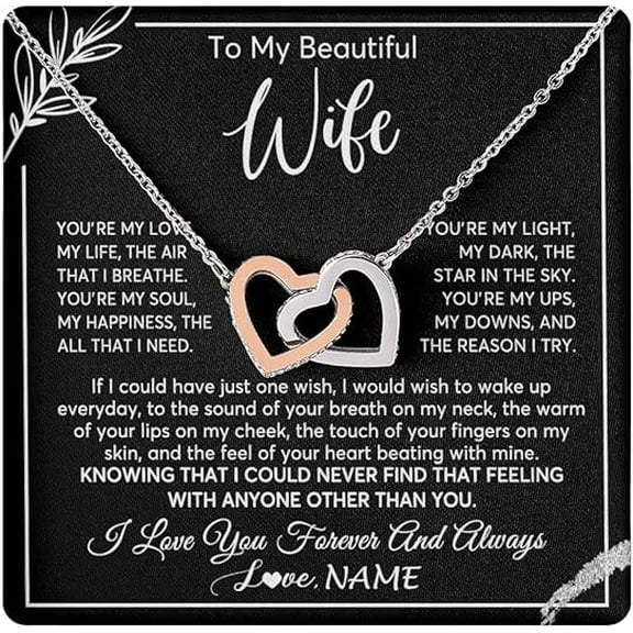 Cute Birthday Gift for Wife from Husband, Zircon Heart Necklace for Wife, Interlocking Heart Necklace for Women, To My Wife Necklace Gift with Heart Touching Message Card and Gift Box