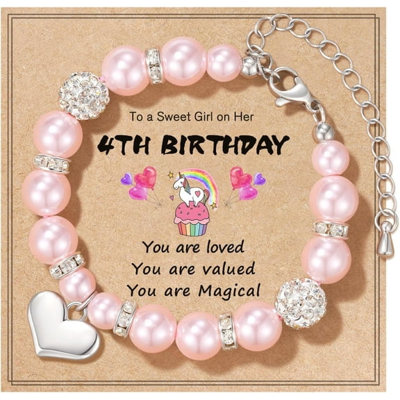 Cute Birthday Gift for  Daughter，Adjustable Pink Pearl Bracelet for Gils Aged 4, 5, and 6