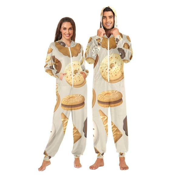 Cute Biscuits Adult Onesie Pajamas Slim Fit Christmas One Piece Suit Pjs for Women and Men Hooded Zipper