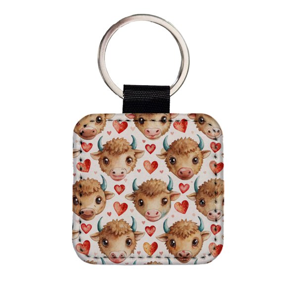 Cute Bison Faces Hearts Watercolor Faux Leather Square Keychain