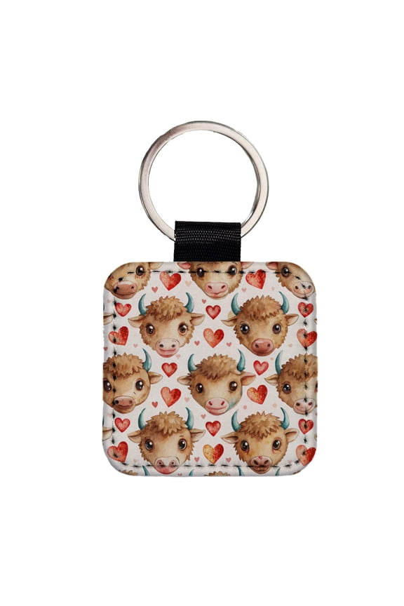 Cute Bison Faces Hearts Watercolor Faux Leather Square Keychain