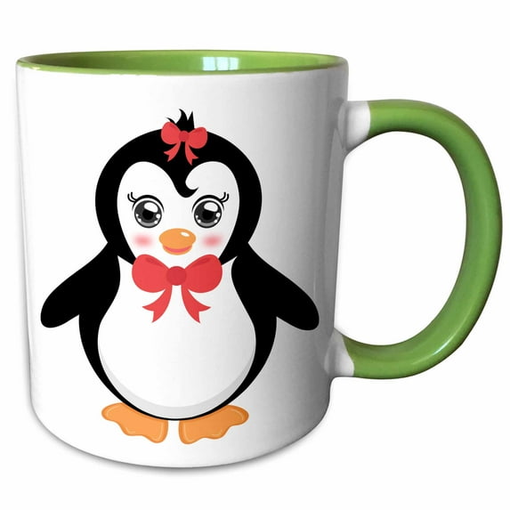 3drose, Cute Black and White Girl Penguin with Red Ribbon, 15oz Two-tone Green Mug