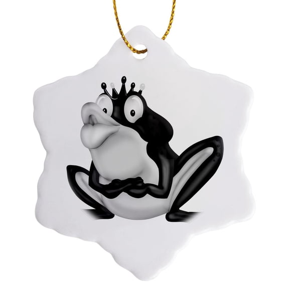 Cute Black And White Royal Frog With Crown Illustration, 3 inch Snowflake Porcelain Ornament