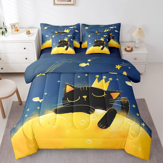 Cute Black Cat 7 Pcs Comforter Set King Size,Kawaii Prince Bedding,Cartoon Glitter Stars Moon Night Sheet Set Bed In A Bag Dreamy Fishes Pet Navy Blue Bed Set