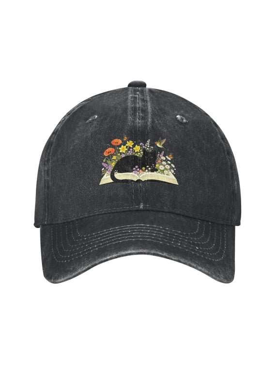 Cute Black Cat Baseball Cap With Book Flowers Denim Adjustable Black Cats Hats Gifts for Women Men Cat Lovers Adults