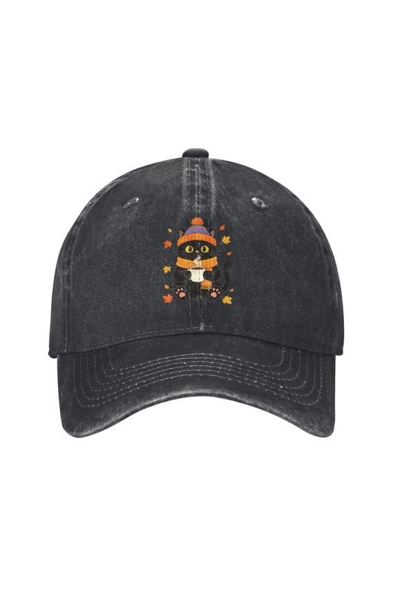 Cute Black Cat Baseball Cap with Hot Drink Autumn Leaves Denim Adjustable Black Cat Hats Gifts for Women Men Cat Lovers Adults