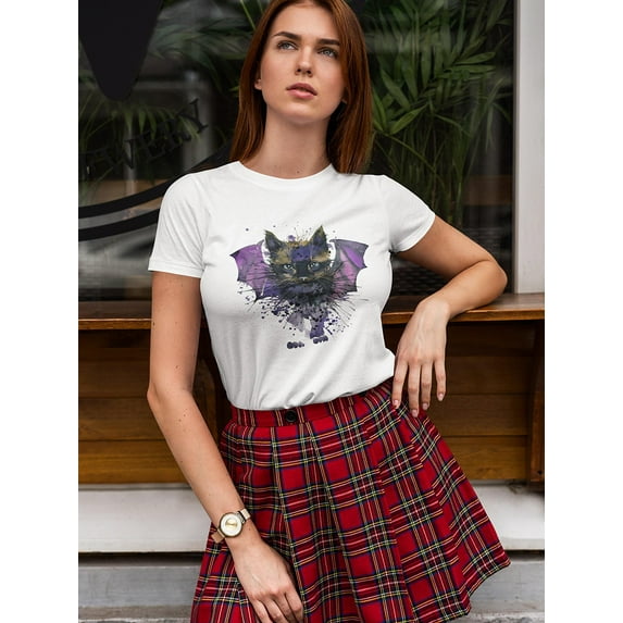 Cute Black Cat Bat T-Shirt Women -Image by Shutterstock, Female Large