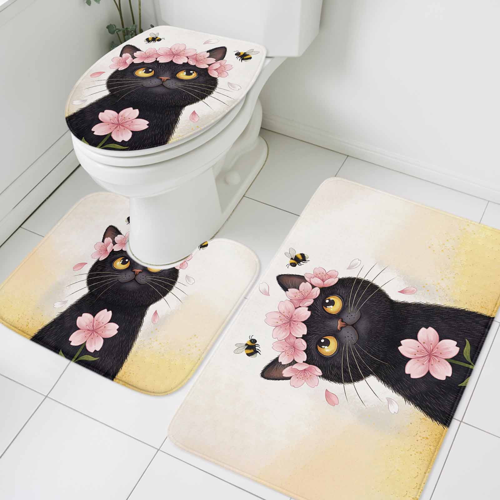 Cute Black Cat Bathroom Rugs Set Pink Flower Cherry Blossoms Bee ...