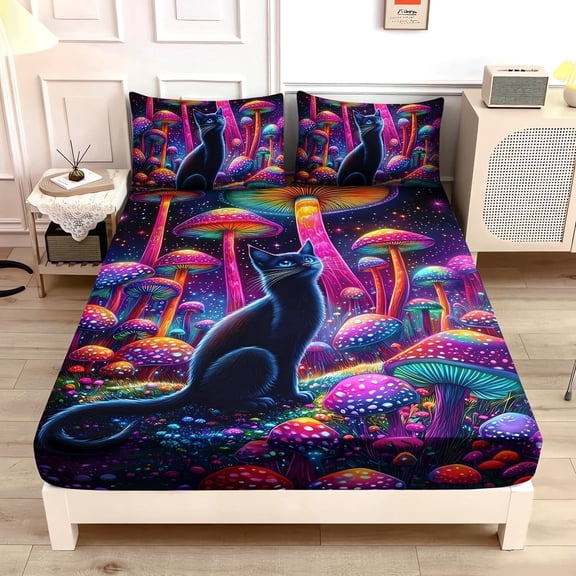 Cute Black Cat Bedding Set Twin Size,Kids Cartoon Cat Mushroom Flash Fitted Sheet Set for Kids Girls Boys Room Decor,Boho Style Botanical Bedding Sets,1 Fitted Sheet+2 Pillowcases.