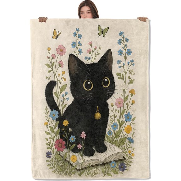 Cute Black Cat Blanket, Comfy & Warm Flannel Adorable Kitten Sitting on Book Throw Blanket for Couch, Gifts for Women Girls Kids, Soft Fuzzy Lightweight Travel Bed Blankets for Decor 60"×80"