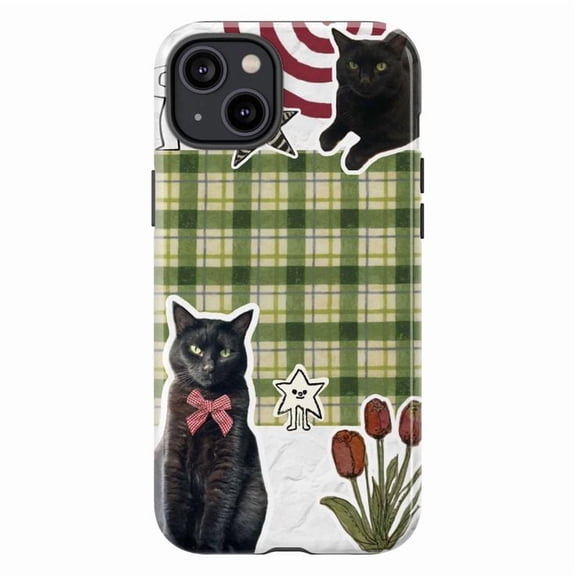 Cute Black Cat Bow Tie Phone Case for 17 16 15 14 13 12 11 Pro Plus Mini, Rustic Green Plaid Patchwork Cover