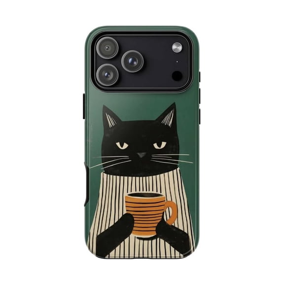 Cute Black Cat Coffee Phone Case, Aesthetic Cozy Minimalist Striped Sweater Cover for iPhone 17 16 15 14 13 12 11 Pro Plus Mini
