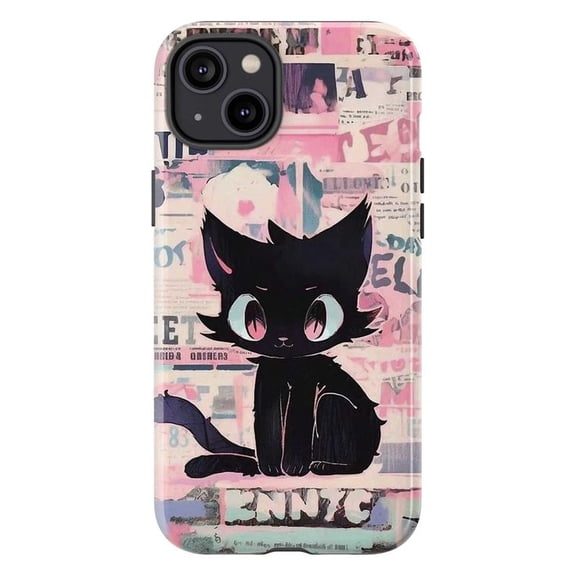 Cute Black Cat Collage Phone Case, Aesthetic Pink Street Art iPhone Cover, Kawaii Kitty Design Protective Case for iPhone 17 16 15 14 13 12 11 Pro Plus Mini