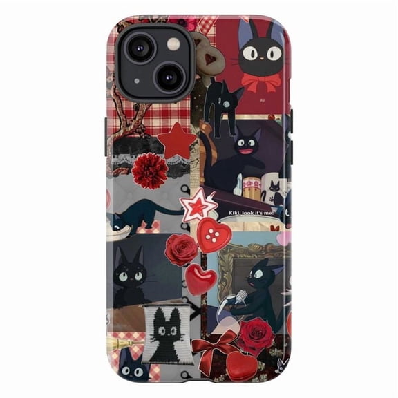 Cute Black Cat Collage Phone Case, Vintage Aesthetic iPhone Cover with Red Plaid & Rose Accents, Case for iPhone 17 16 15 14 13 12 11 Pro Plus Mini