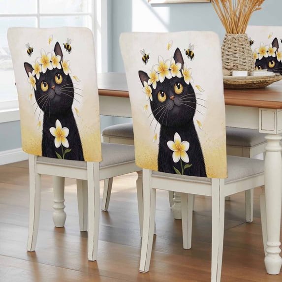 Cute Black Cat Dining Chair Back Cover Only, Yellow Flower Bee Country Style Fields Set of 4 Chair Back Covers, Removable Washable for Dining Room, Banquet & Holiday Decoration