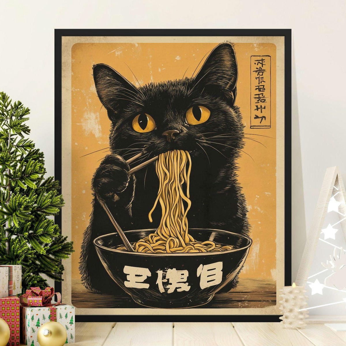 Cute Black Cat Eating Noodles Poster, Funny Kitchen Wall Art, Ramen ...