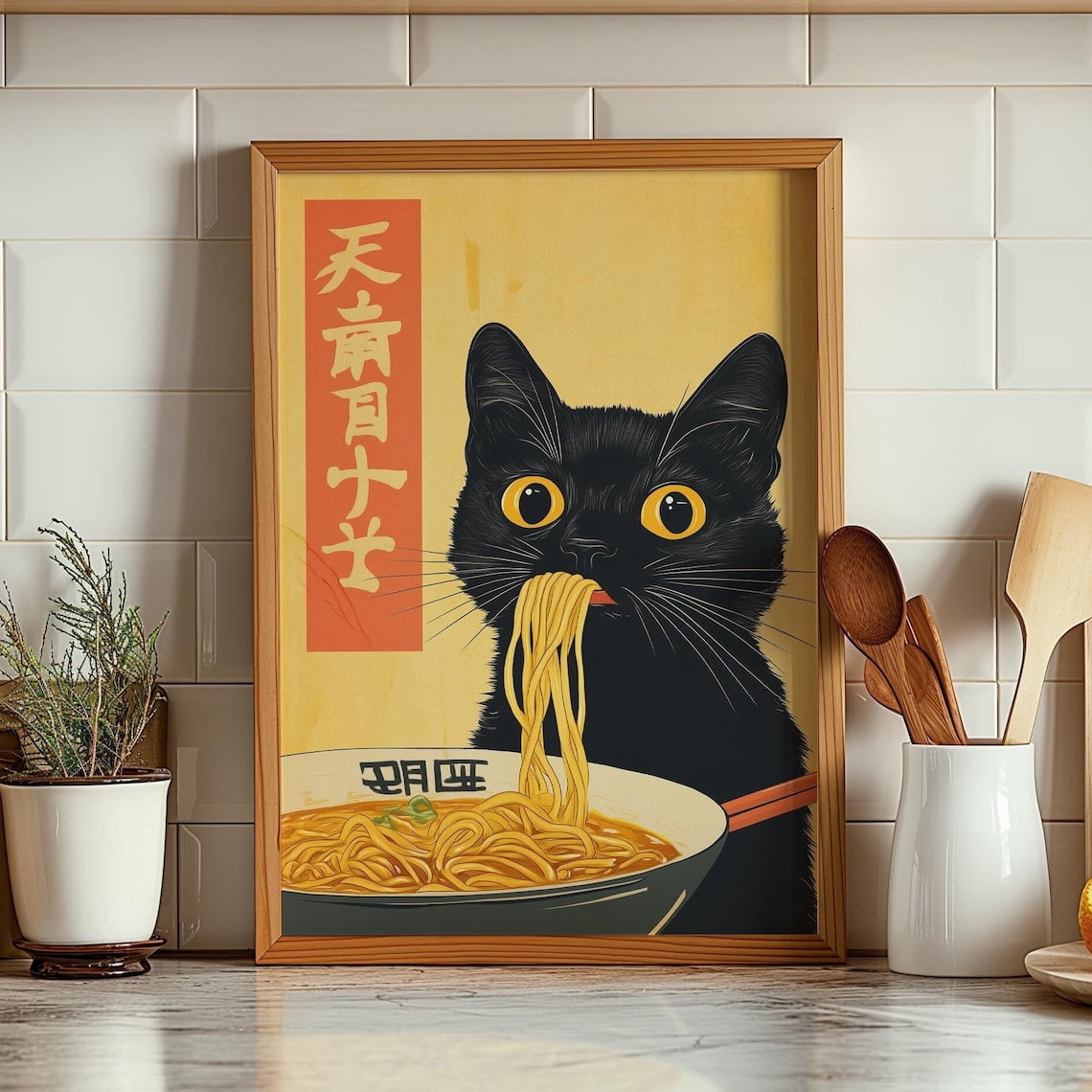 Cute Black Cat Eating Ramen Wall Art, Japanese Kitchen Wall Art, Noodle ...