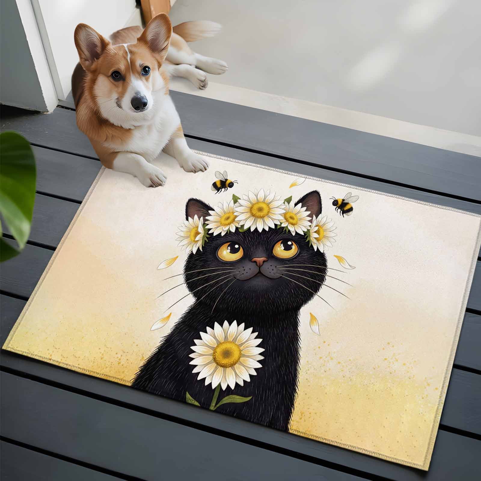 Cute Black Cat Front Door Rugs 2x3 ft White Daisy Flower Bee Country ...