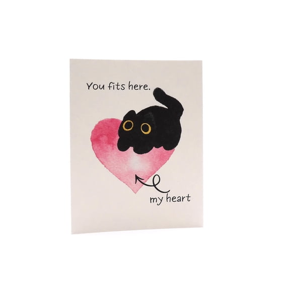 Cute Black Cat Greeting Card, Watercolor Pink Heart Design, Romantic Anniversary or Valentine's Note for Partner, Whimsical Hand-Drawn Illustration, Blank Folded Note Card