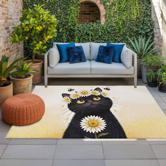 Cute Black Cat Indoor Outdoor Rugs 3x5 Ft, White Daisy Flower Bee Country Fields Outdoor Patio Rugs Mat Washable Outside Area Rugs Carpet for Porch Deck RV Camping Pool Balcony Backyard