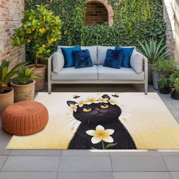 Cute Black Cat Indoor Outdoor Rugs 4x6 Ft, Yellow Flower Bee Country Style Fields Outdoor Patio Rugs Mat Washable Outside Area Rugs Carpet for Porch Deck RV Camping Pool Balcony Backyard