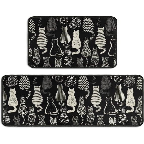 Cute Black Cat Kitchen Mats Set of 2, Non-Slip Washable Cat Kitchen Mats, Funny Black Cat Rugs for Kitchen, Sink, Laundry Room, Bathroom, Home Decoration, Gift for Cat Lovers, 17x30+17x47In