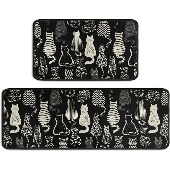Cute Black Cat Kitchen Mats Set of 2, Non-Slip Washable Cat Kitchen Mats, Funny Black Cat Rugs for Kitchen, Sink, Laundry Room, Bathroom, Home Decoration, Gift for Cat Lovers, 17x30+17x47In