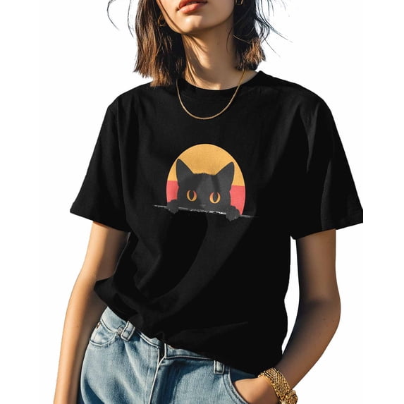 Cute Black Cat Orange Womens Tshirt Graphic Tees Cotton Crew Neck T-Shirts, Casual Short Sleeve Shirts for Women Teen Girl Funny Animal
