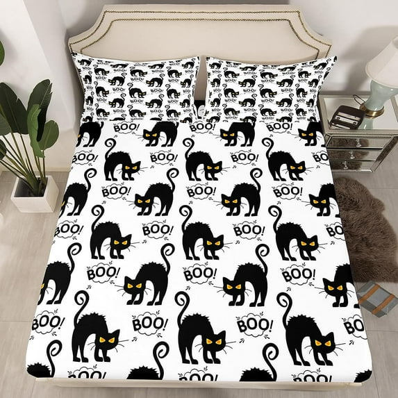 Cute Black Cat Pattern Bedding Fitted Sheet Halloween Bed Sheet Set Cartoon Halloween Cat Animal Bedding Sheets Festival Decor Bed Cover with 1 Pillowcase 2Pcs Bedding Twin