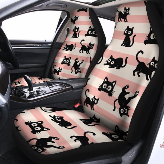 Cute Black Cat Pattern Car Seat Covers – Pink Striped Kawaii Design Car Seat Protectors, Adorable Pet Lover Auto Interior Decor Gift