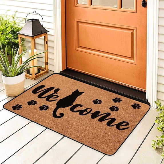 Cute Black Cat Paws Door Mat, Funny Welcome Front Door Mat Indoor Outdoor Entrance, Rustic Artificial Coir Doormat Rugs for Cat Lovers Owners Porch Entry Patio Kitchen Decor 16x24in,A