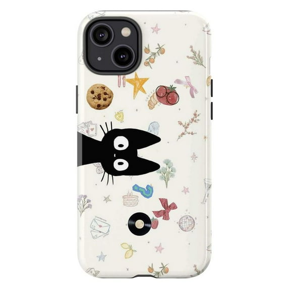 Cute Black Cat Peeking Cartoon Phone Case, Whimsical Cat and Tiny Objects Pattern, Protective Cover for iPhone 16 15 14 13 12 11 Pro Max Mini
