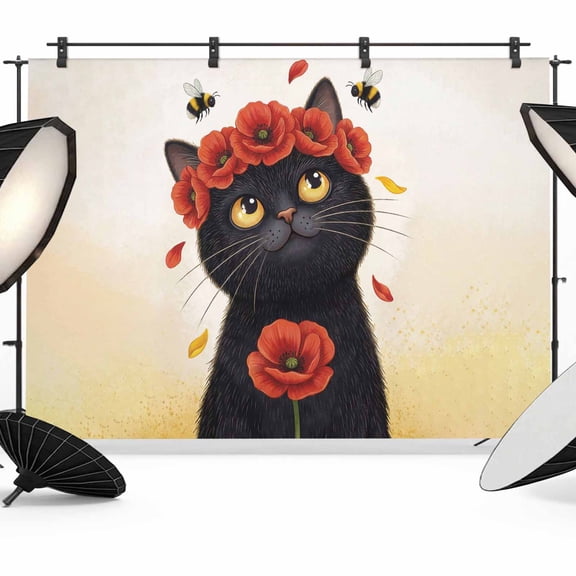 Cute Black Cat Photography Backdrop 7x5FT, Red Flower Bee Country Style Fields Plant Photo Backdrops, Background for Photography Studio Photo Studio Background, Back Drop for Photoshoot