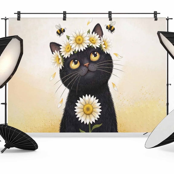 Cute Black Cat Photography Backdrop 7x5FT, White Daisy Flower Bee Country Fields Photo Backdrops, Background for Photography Studio Photo Studio Background, Back Drop for Photoshoot