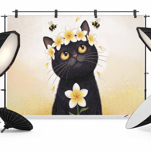 Cute Black Cat Photography Backdrop 7x5FT, Yellow Flower Bee Country Style Fields Photo Backdrops, Background for Photography Studio Photo Studio Background, Back Drop for Photoshoot