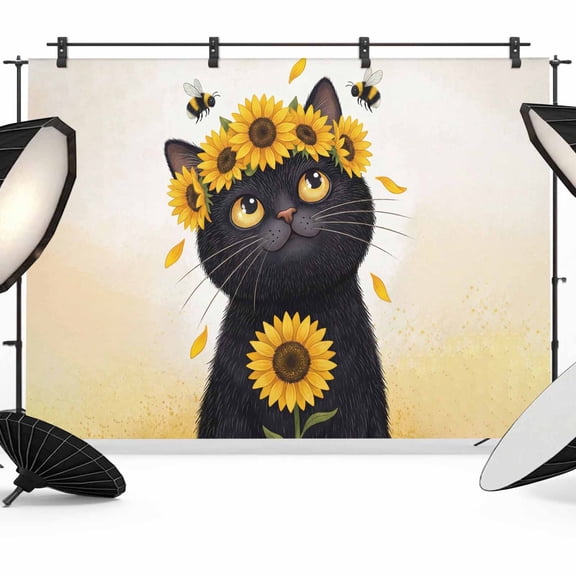 Cute Black Cat Photography Backdrop 7x5FT, Yellow Sunflower Bee Country Style Fields Photo Backdrops, Background for Photography Studio Photo Studio Background, Back Drop for Photoshoot