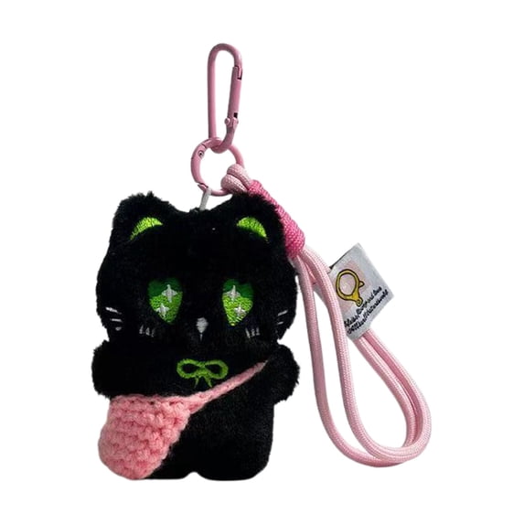 Cute Black Cat Plush Keychain Soft Kitten Stuffed Animal Pendant with Crochet Bag & Star Eyes Detachable Strap Gothic Clip-On Kitten Charm for Backpacks Phones Gifts Kids Adults