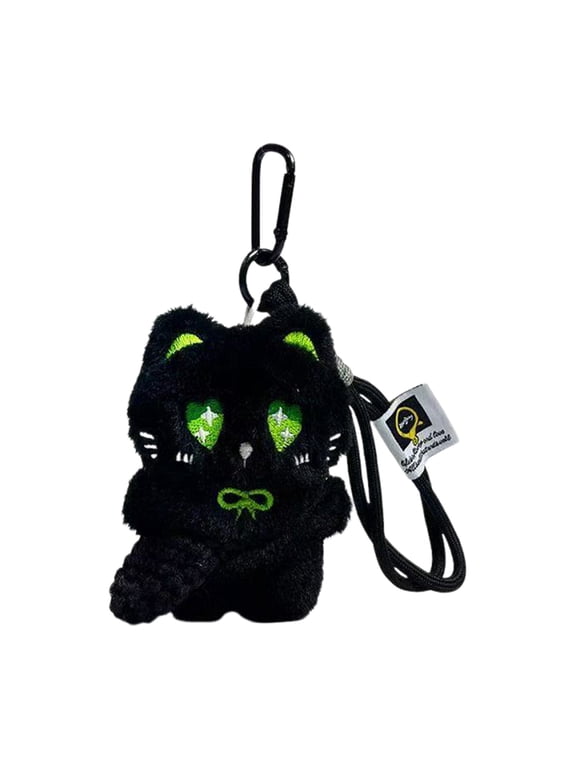 Cute Black Cat Plush Keychain Soft Kitten Stuffed Animal Pendant with Crochet Bag & Star Eyes Detachable Strap Gothic Clip-On Kitten Charm for Backpacks Phones Gifts Kids Adults,Black