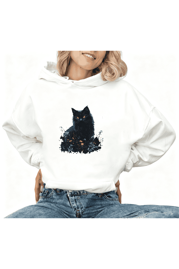 Cute Black Cat Print Hoodie Graphic Sweatshirt White S-2XL Casual Tops