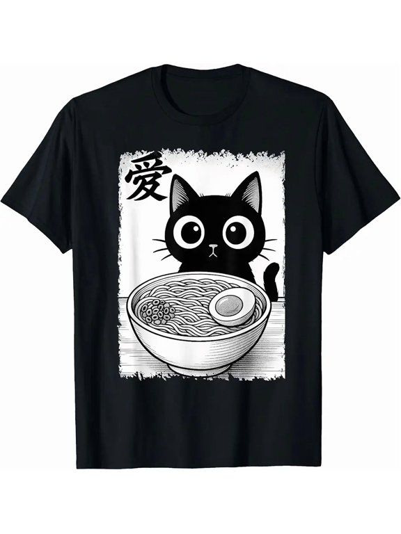 Cute Black Cat With Ramen Bowl And Love Kanji Graphic T Shirt For Kids Boys Girls Funny Kawaii Anime Style Birthday Gift Unisex Short Sleeve Cotton Tee